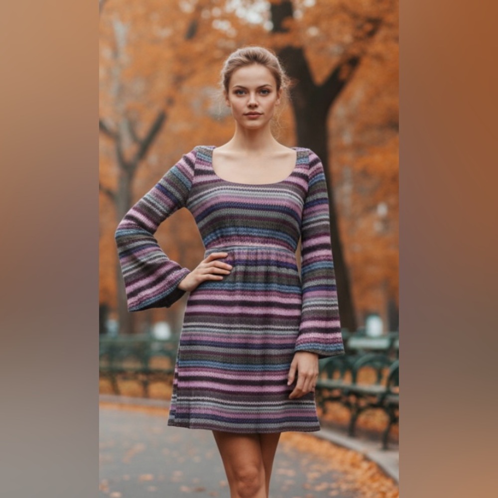 JUDITH MARCH Dress Chevron Knit Scoop Mini Blouson Boho Purple Pink Small